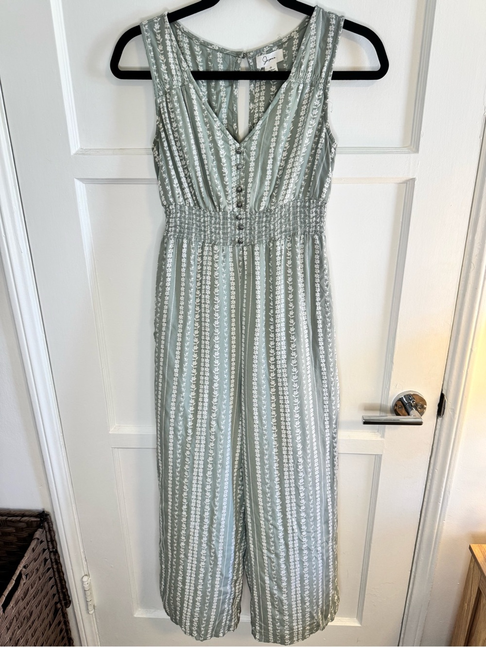 Japna Sage Green Floral Wide Leg Jumpsuit Smocked Waist Size S